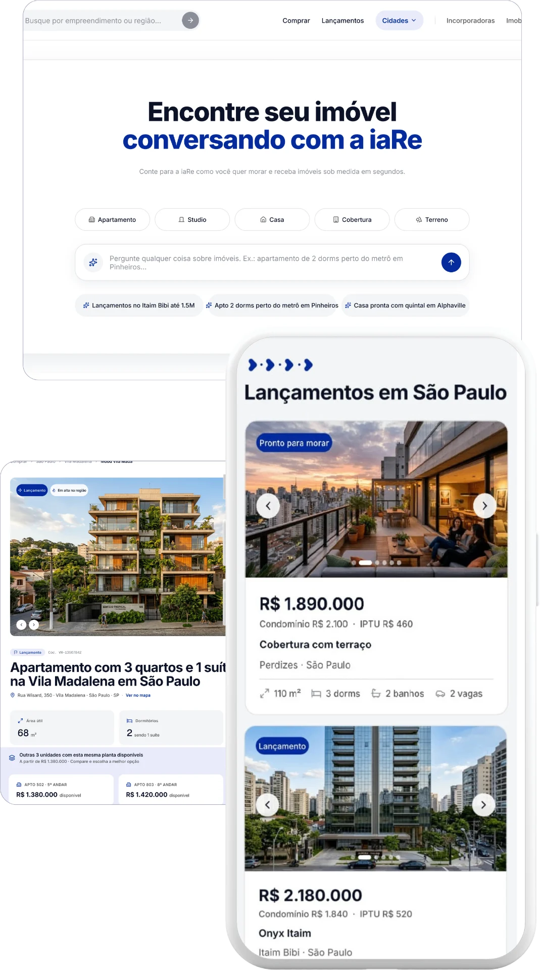 Portal iaRe — busca conversacional e lançamentos em destaque
